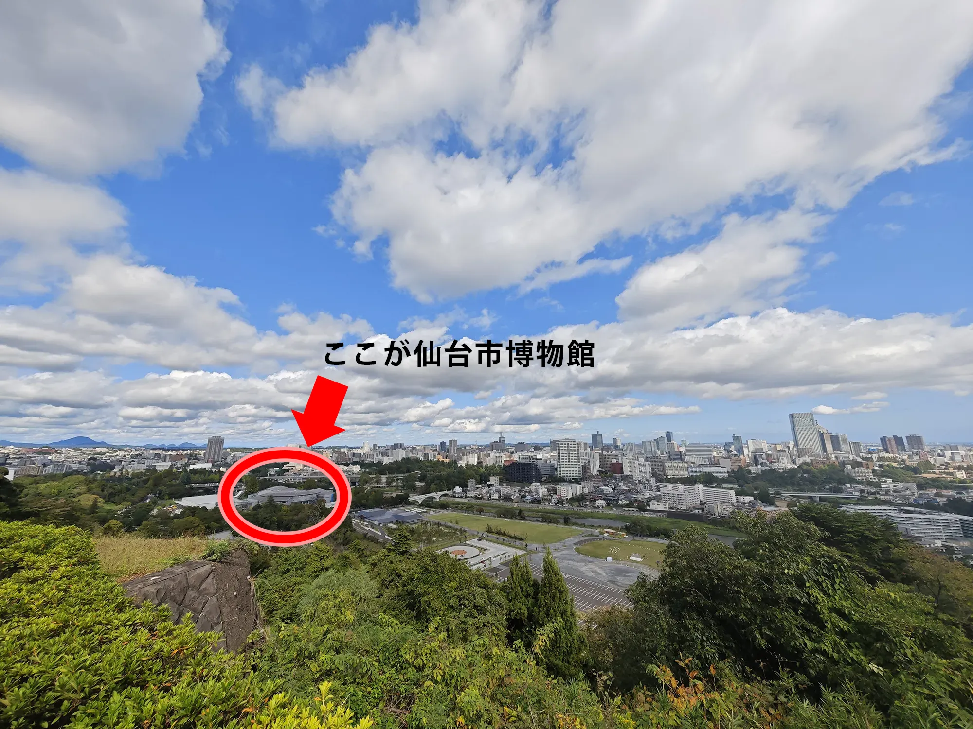 仙台城跡から仙台市博物館を見る